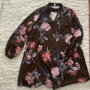 Dark green long sleeve floral print shift dress with high neck.